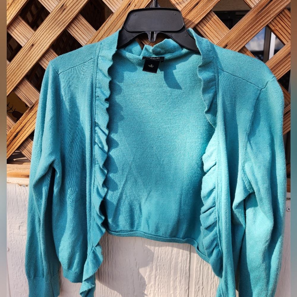 Ann Taylor Turquoise Ruffle Open-Front Sweater